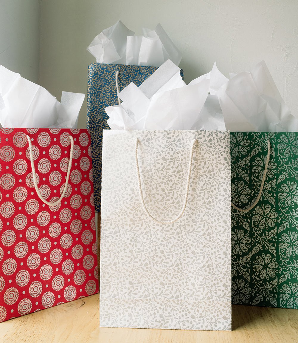 Recycled Paper Tall Holiday Gift Bag 15x10x4.5 - Assorted HME stock line La Vie Bien Recycled Paper Tall Holiday Gift Bag 15x10x4.5 - Assorted