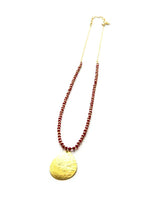 Red Beaded Pendant Necklace - Brass