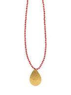 Red Beaded Pendant Necklace - Brass