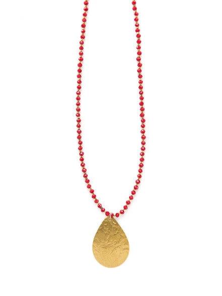 Red Beaded Pendant Necklace - Brass
