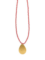 Red Beaded Pendant Necklace - Brass