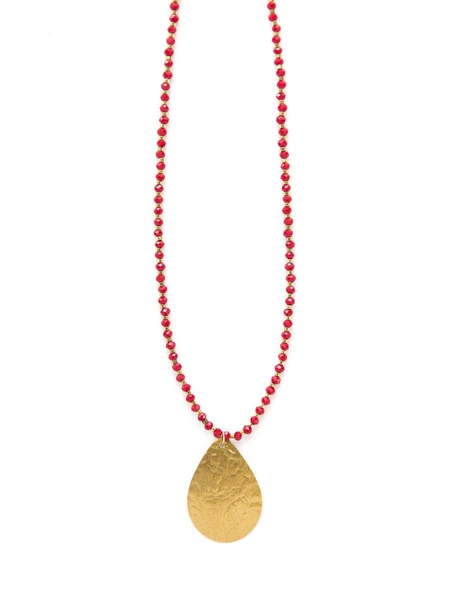 Red Beaded Pendant Necklace - Brass