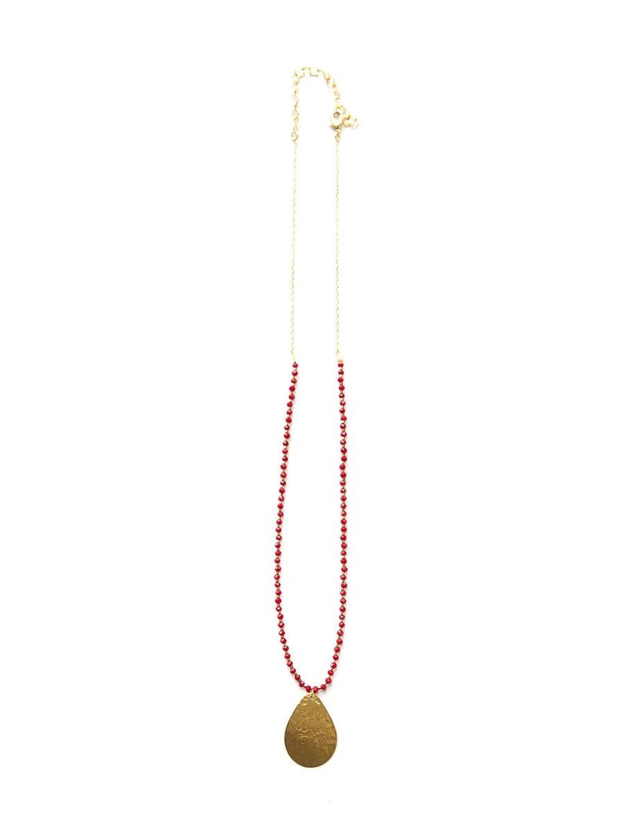 Red Beaded Pendant Necklace - Brass