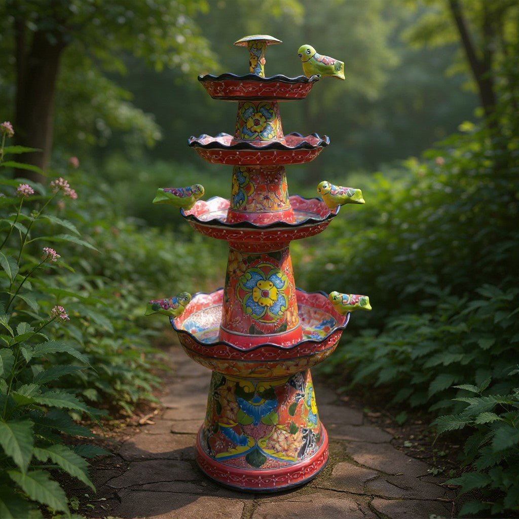 Red & Blue Rim Talavera Fountain | Multicolor Tiered Design Talavera Fountain La Vie Bien Red & Blue Rim Talavera Fountain | Multicolor Tiered Design