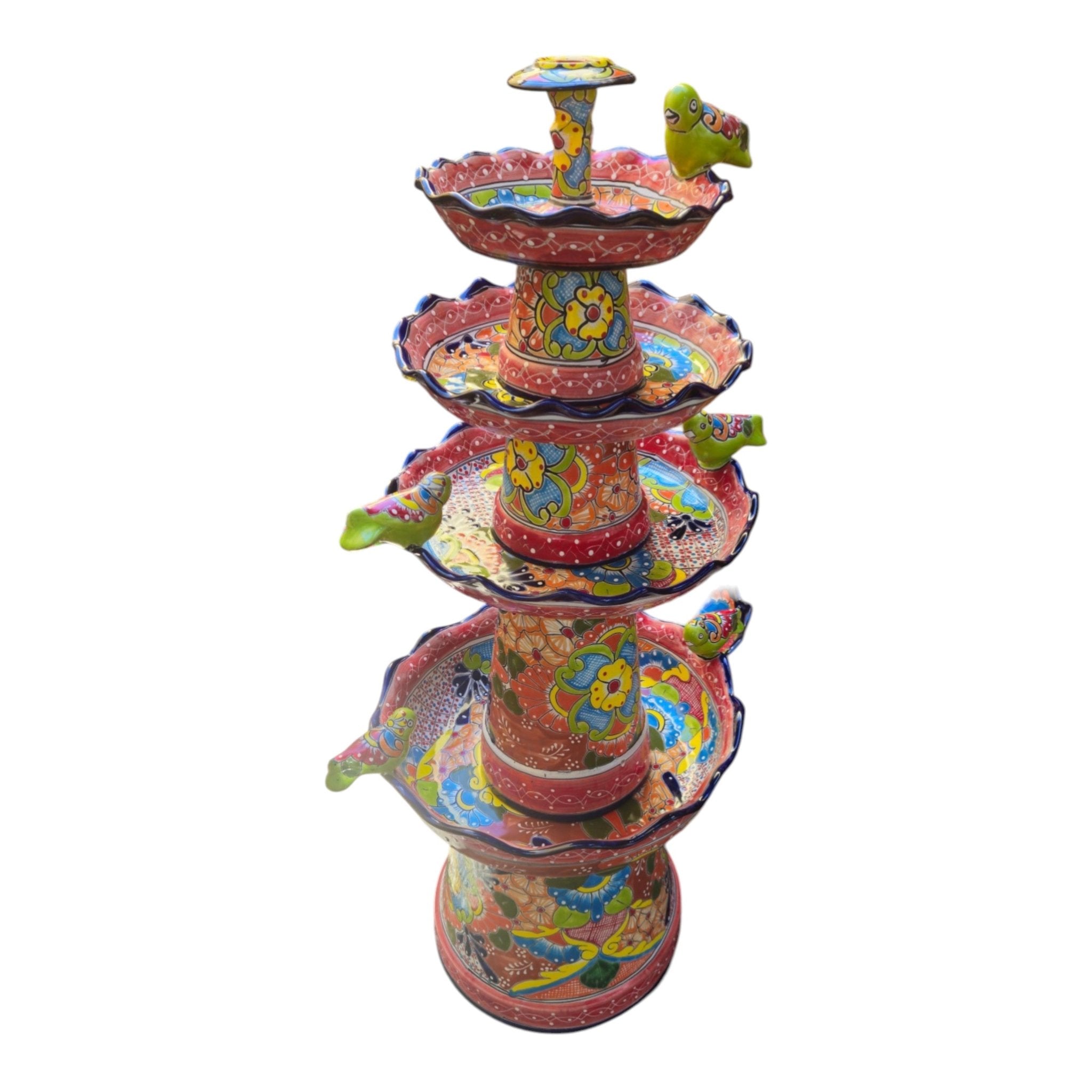 Red & Blue Rim Talavera Fountain | Multicolor Tiered Design Talavera Fountain La Vie Bien Red & Blue Rim Talavera Fountain | Multicolor Tiered Design