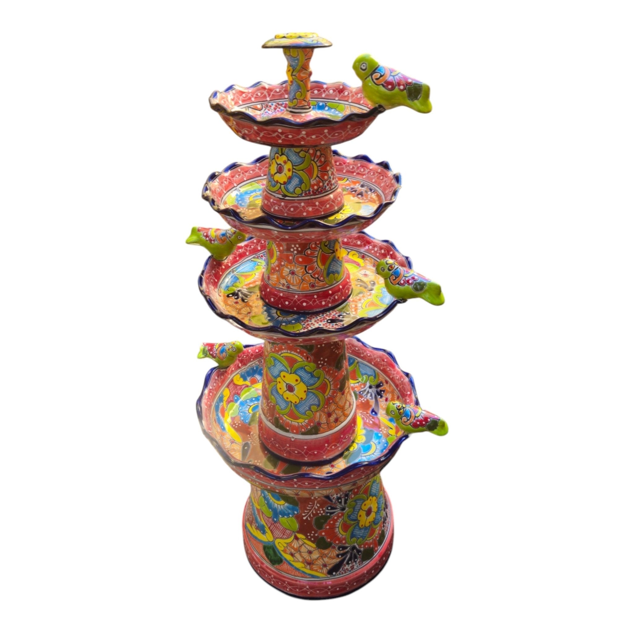 Red & Blue Rim Talavera Fountain | Multicolor Tiered Design Talavera Fountain La Vie Bien Red & Blue Rim Talavera Fountain | Multicolor Tiered Design