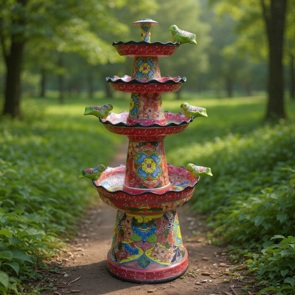Red & Blue Rim Talavera Fountain | Multicolor Tiered Design Talavera Fountain La Vie Bien Red & Blue Rim Talavera Fountain | Multicolor Tiered Design