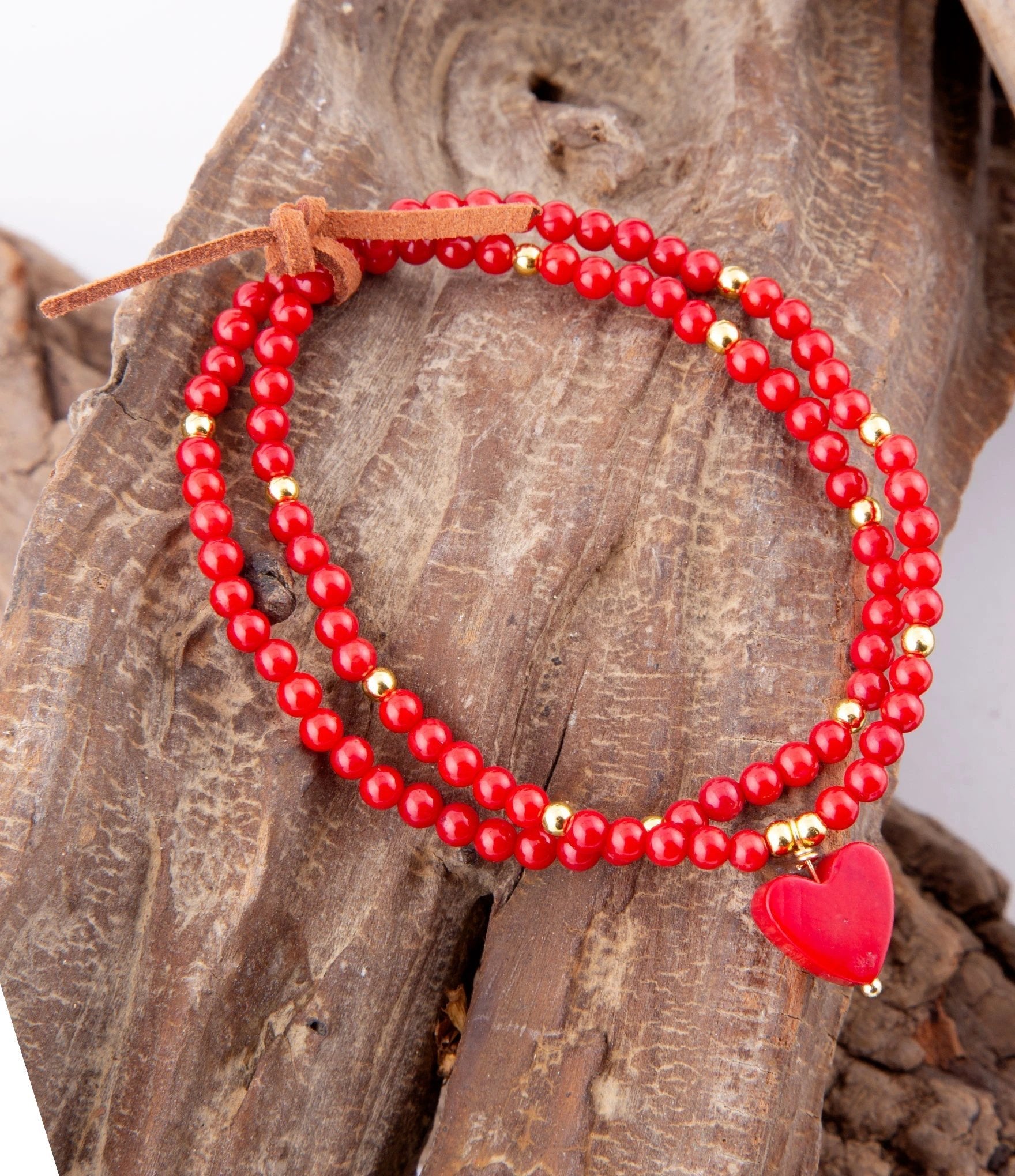 Red Coral Hart Golden Stretch Bracelet Set by Barse Jewelry