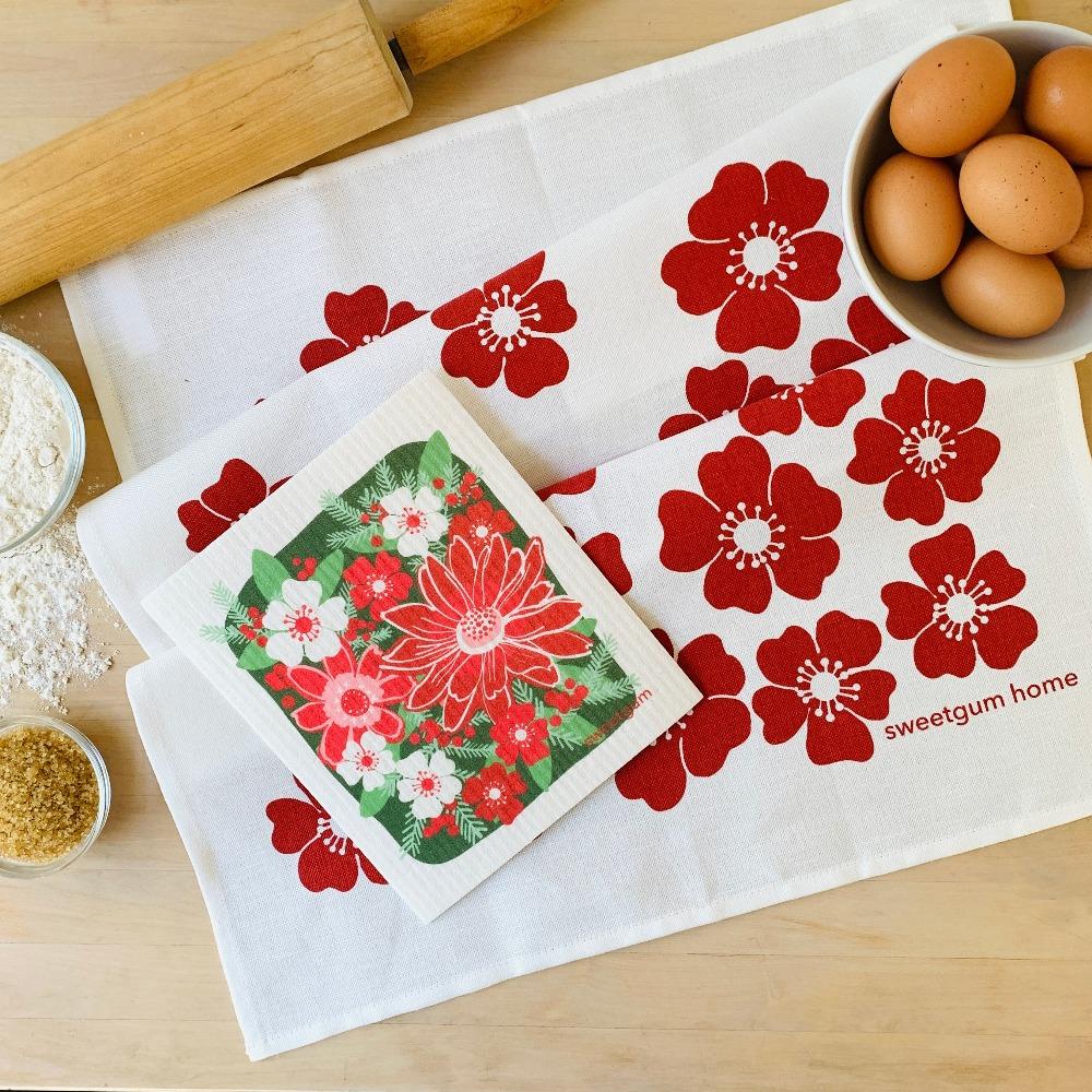 Red Flowers Tea Towel + Poinsettia Swedish Dishcloth Bundle Tea Towel La Vie Bien Red Flowers Tea Towel + Poinsettia Swedish Dishcloth Bundle