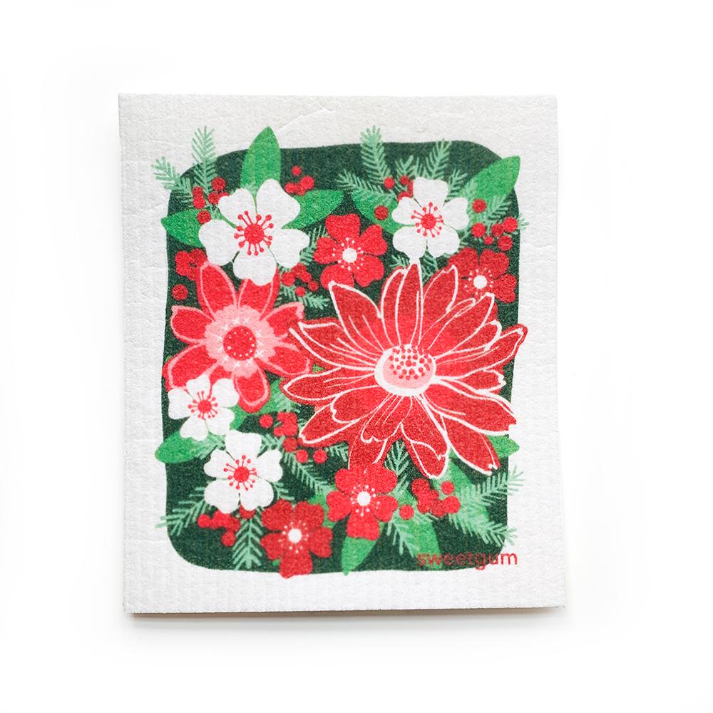 Red Flowers Tea Towel + Poinsettia Swedish Dishcloth Bundle Tea Towel La Vie Bien Red Flowers Tea Towel + Poinsettia Swedish Dishcloth Bundle