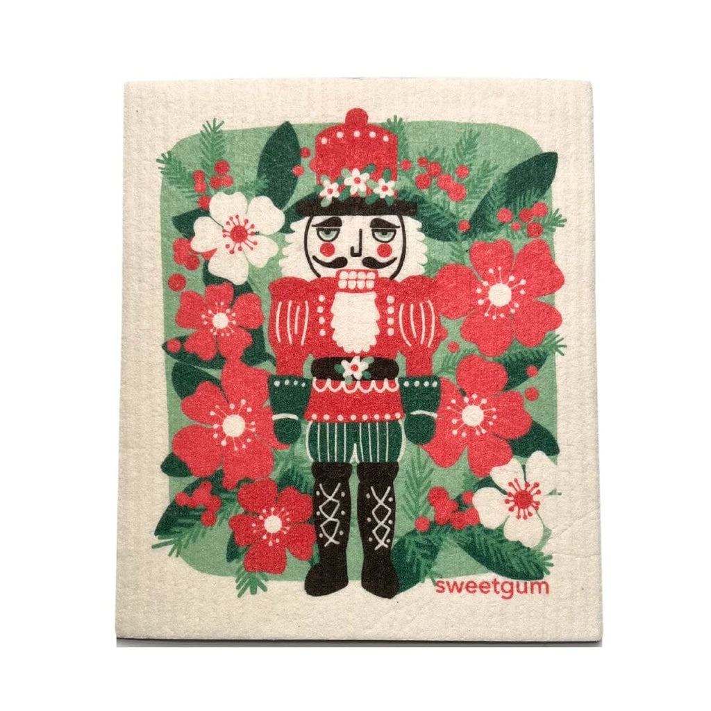 Red & Green Nutcracker with Christmas Flowers Swedish Dishcloths La Vie Bien Red & Green Nutcracker with Christmas Flowers