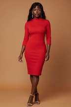 Red Mock Neck Form Fitted Dress