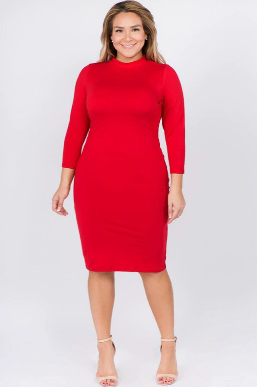 Red Mock Neck Form Fitted Dress