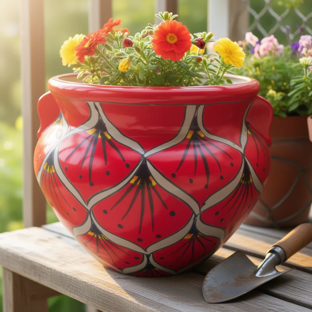 Red Peacock Talavera Planter | Hand - Painted Mexican Pot Talavera Flower Pot La Vie Bien Red Peacock Talavera Planter | Hand - Painted Mexican Pot