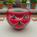 Red Peacock Talavera Planter | Hand - Painted Mexican Pot Talavera Flower Pot La Vie Bien Red Peacock Talavera Planter | Hand - Painted Mexican Pot