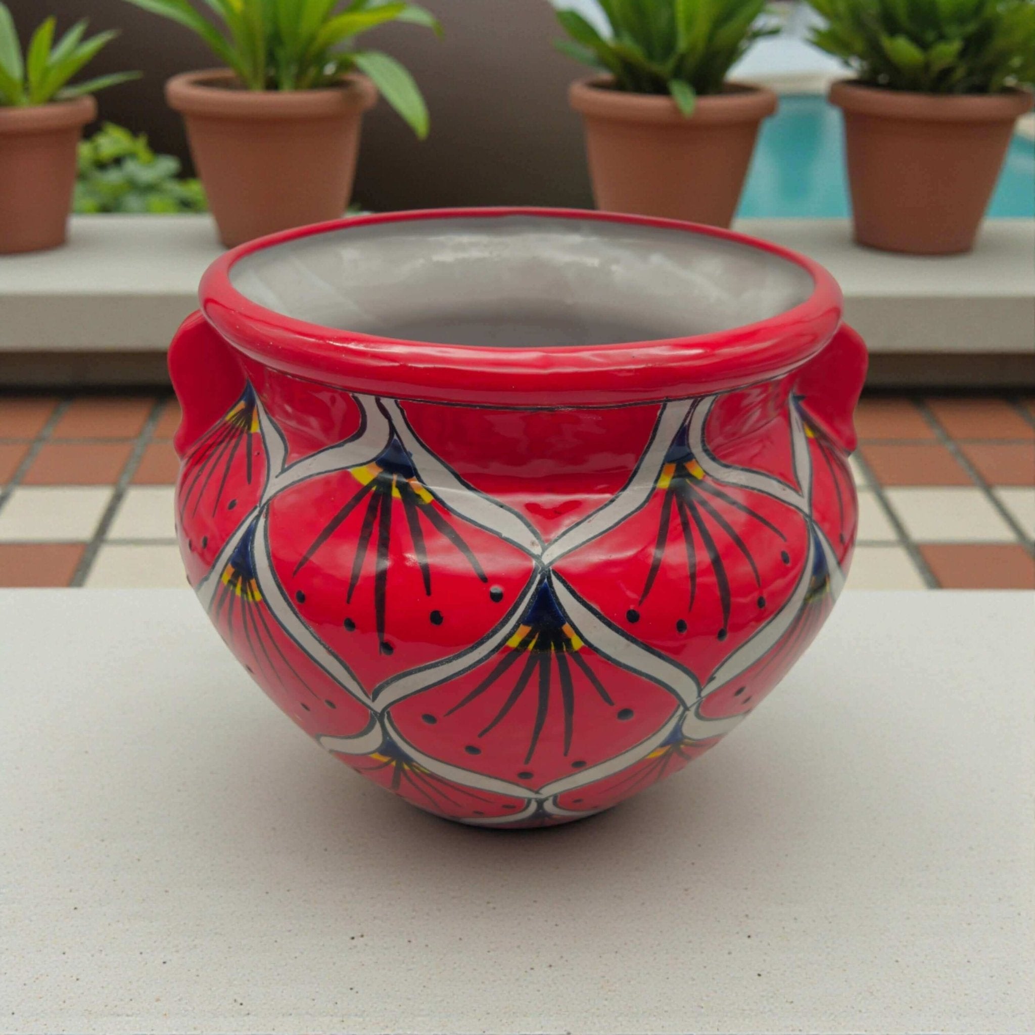 Red Peacock Talavera Planter | Hand - Painted Mexican Pot Talavera Flower Pot La Vie Bien Red Peacock Talavera Planter | Hand - Painted Mexican Pot