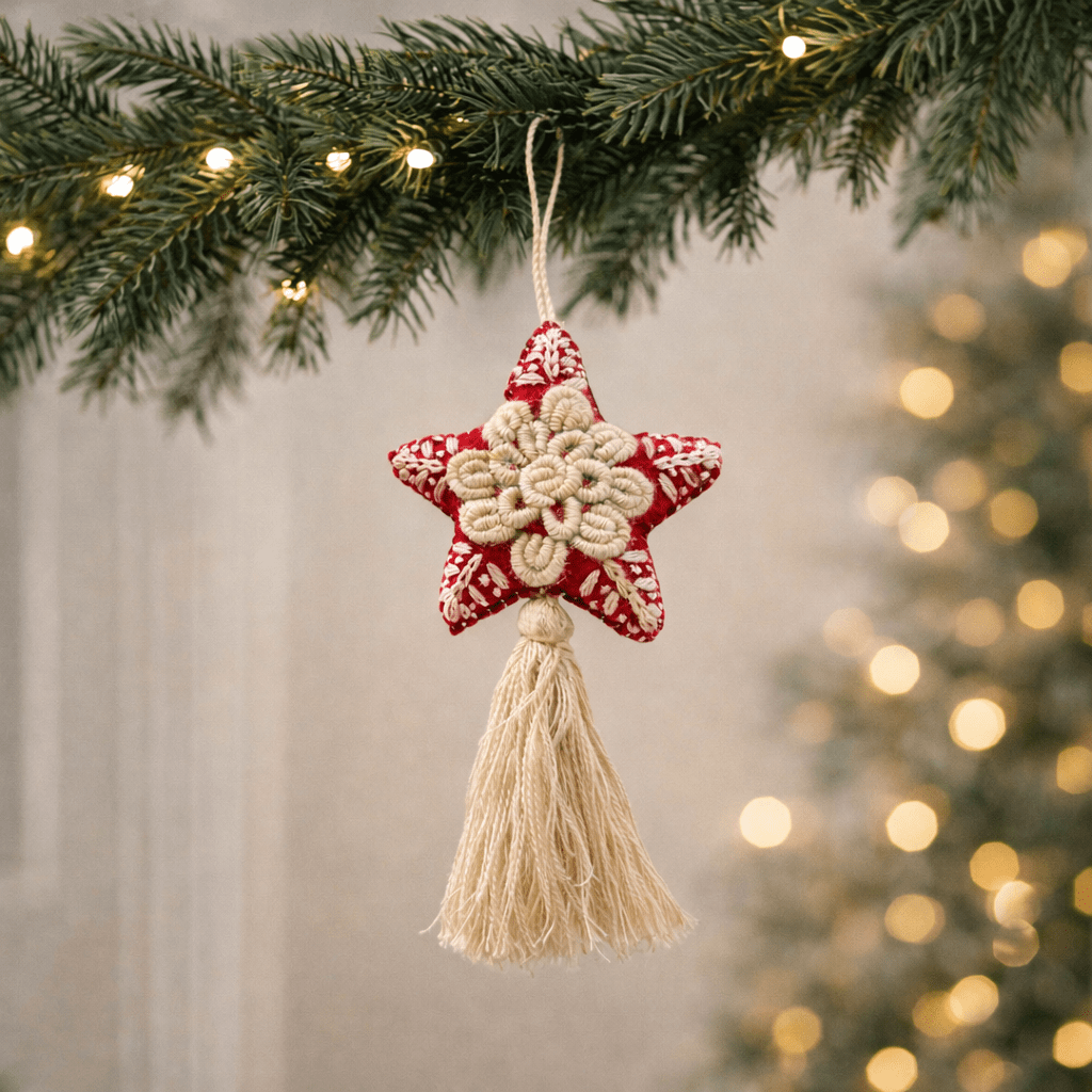 Red Star Embroidered Felted Wool Handmade Ornament - Mexico Decor La Vie Bien Red Star Embroidered Felted Wool Handmade Ornament - Mexico