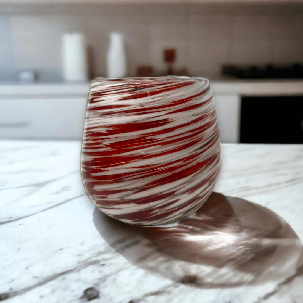 Red Swirl Stemless Wine Glass | Hand - Blown Mexican Glassware Mexican Wine Glass La Vie Bien Red Swirl Stemless Wine Glass | Hand - Blown Mexican Glassware