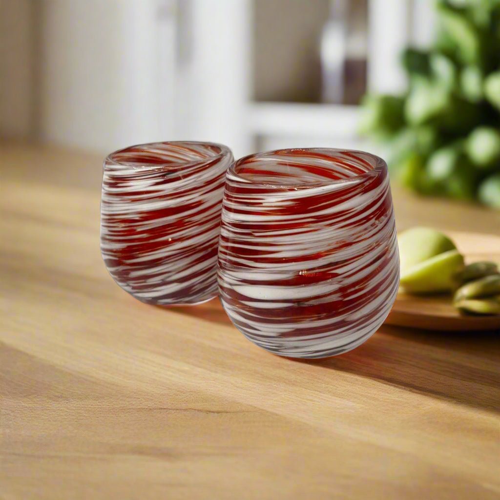 Red Swirl Stemless Wine Glass | Hand - Blown Mexican Glassware Mexican Wine Glass La Vie Bien Red Swirl Stemless Wine Glass | Hand - Blown Mexican Glassware