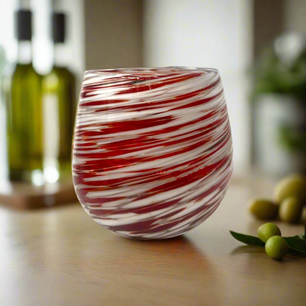 Red Swirl Stemless Wine Glass | Hand - Blown Mexican Glassware Mexican Wine Glass La Vie Bien Red Swirl Stemless Wine Glass | Hand - Blown Mexican Glassware