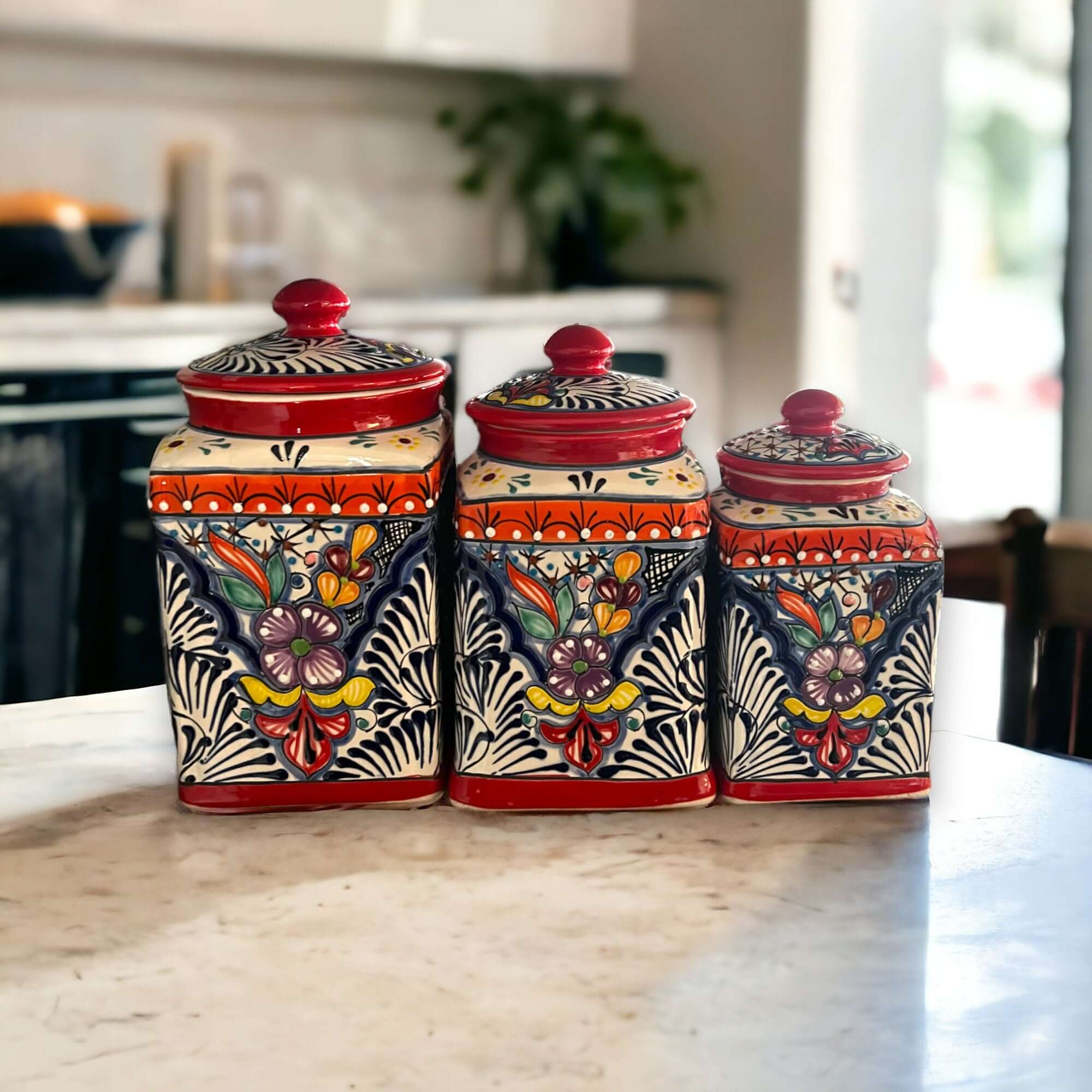 Red Talavera Canister Set | Hand - Painted Mexican Kitchen Jars Talavera Canister Set La Vie Bien Red Talavera Canister Set | Hand - Painted Mexican Kitchen Jars
