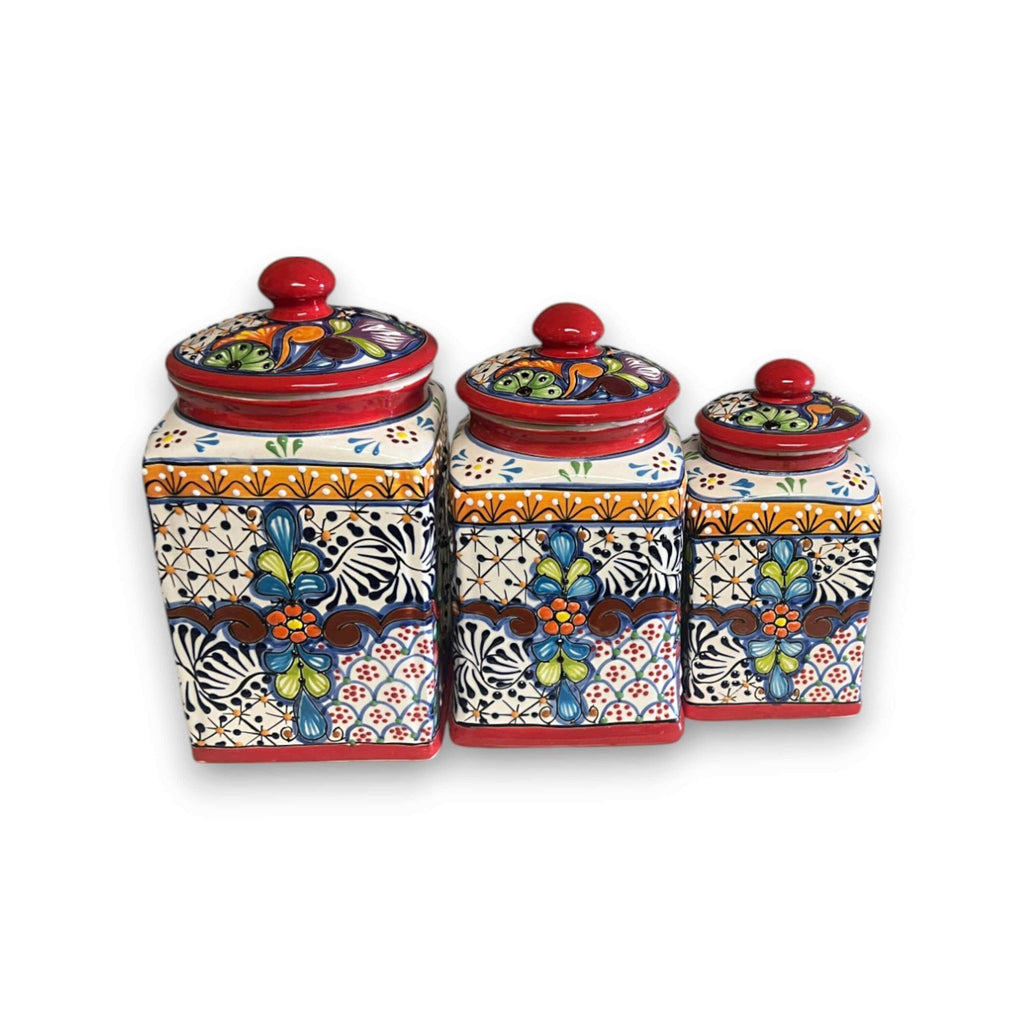 Red Talavera Canister Set | Hand - Painted Mexican Kitchen Jars Talavera Canister Set La Vie Bien Red Talavera Canister Set | Hand - Painted Mexican Kitchen Jars