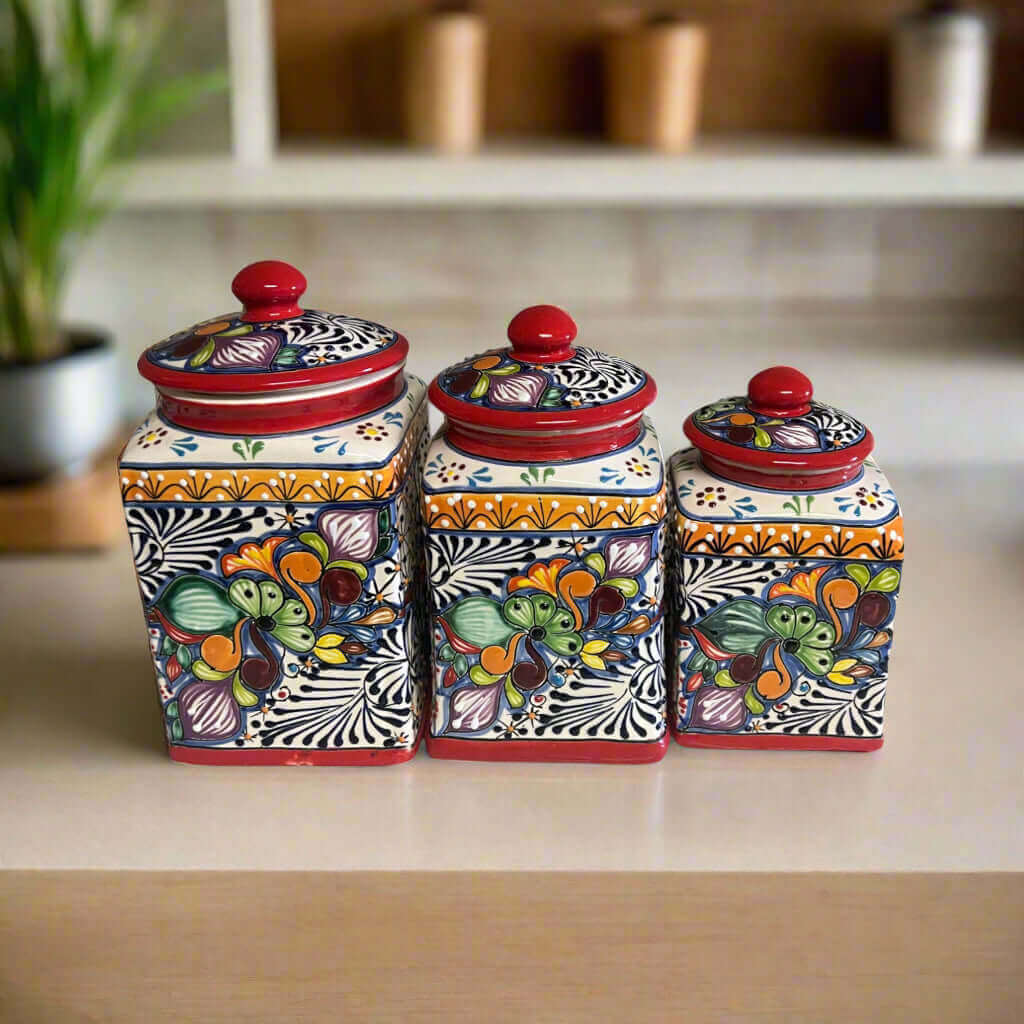 Red Talavera Canister Set | Hand - Painted Mexican Kitchen Jars Talavera Canister Set La Vie Bien Red Talavera Canister Set | Hand - Painted Mexican Kitchen Jars