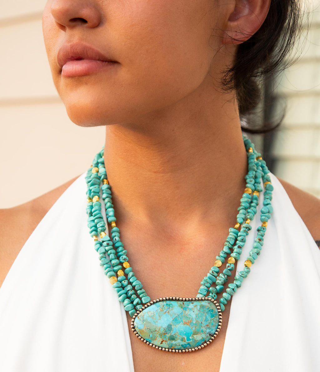 Refined Blue Turquoise Golden Statement Necklace Necklaces La Vie Bien Refined Blue Turquoise Golden Statement Necklace