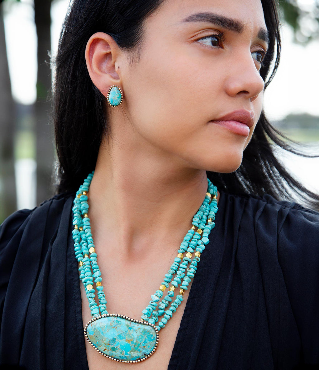 Refined Blue Turquoise Golden Statement Necklace Necklaces La Vie Bien Refined Blue Turquoise Golden Statement Necklace