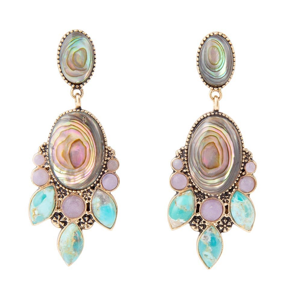 Regal Blue Abalone Mixed Stone Golden Statement Drop Earrings Earrings La Vie Bien Regal Blue Abalone Mixed Stone Golden Statement Drop Earrings