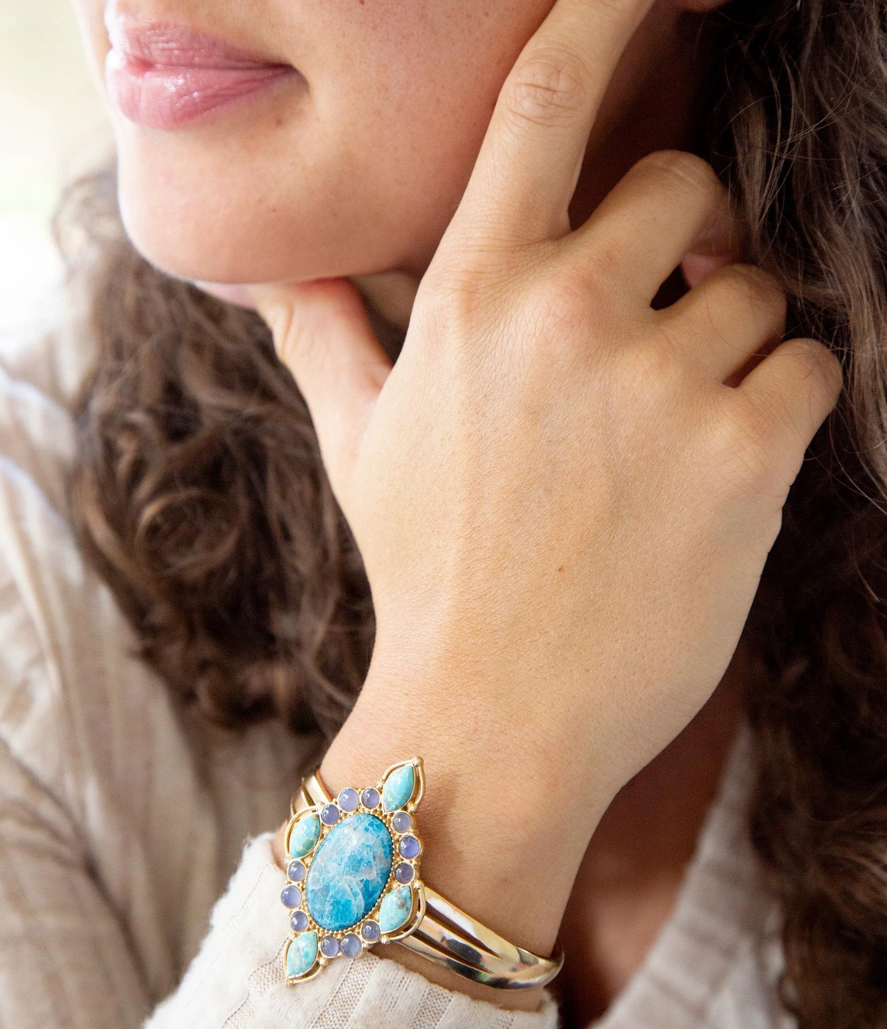 Regal Blue Apatite Mixed Stone Golden Cuff Bracelets by Barse Jewelry