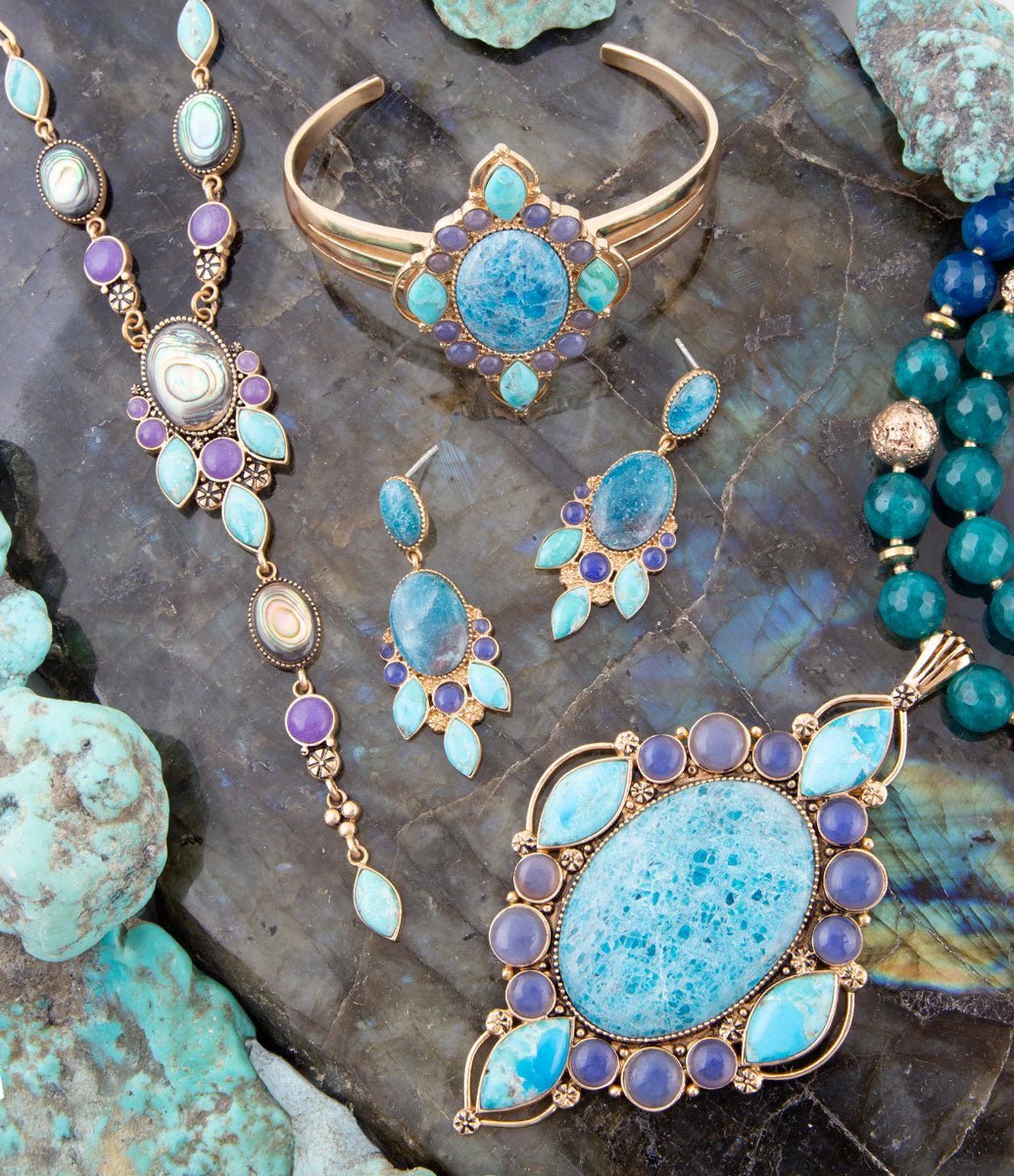 Regal Blue Apatite Mixed Stone Golden Cuff Bracelets by Barse Jewelry