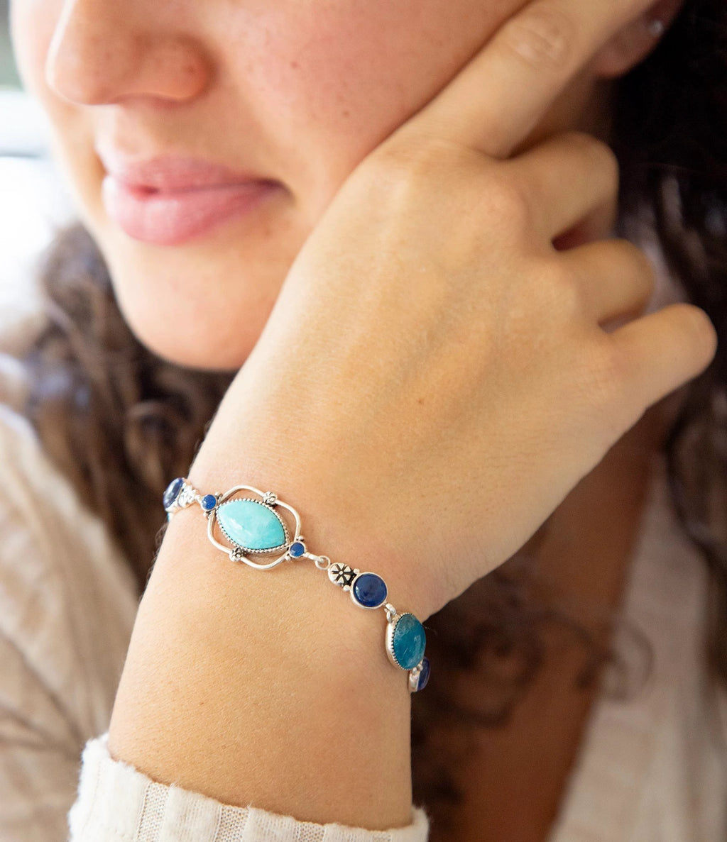 Regal Blue Turquoise and Apatite Sterling Silver Link Bracelet by Barse Jewelry