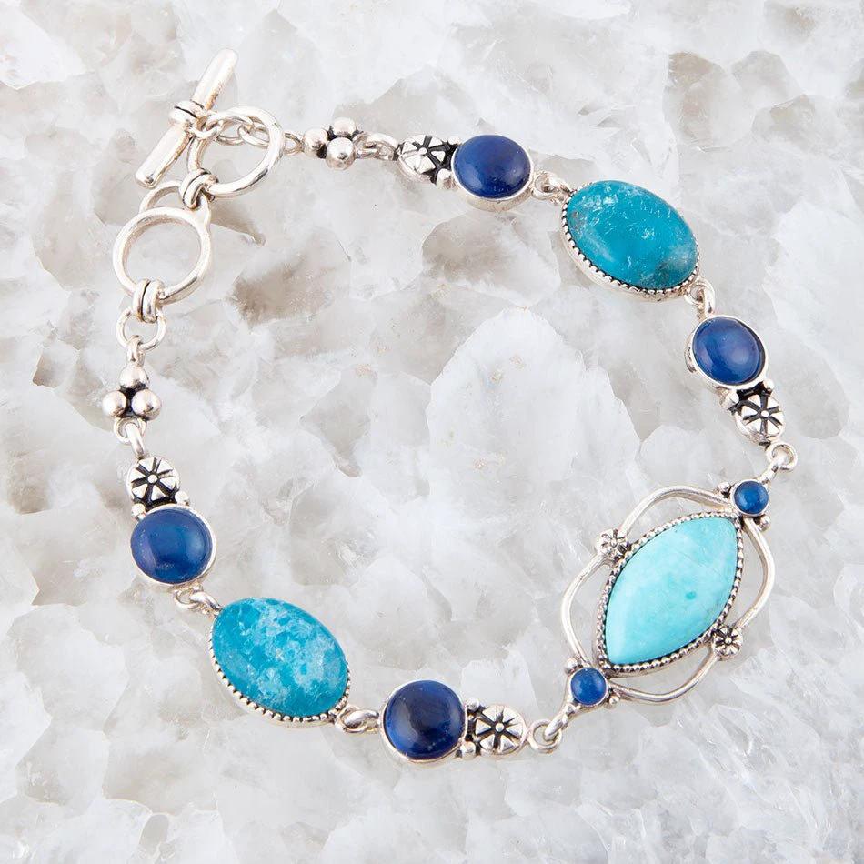 Regal Blue Turquoise and Apatite Sterling Silver Link Bracelet by Barse Jewelry