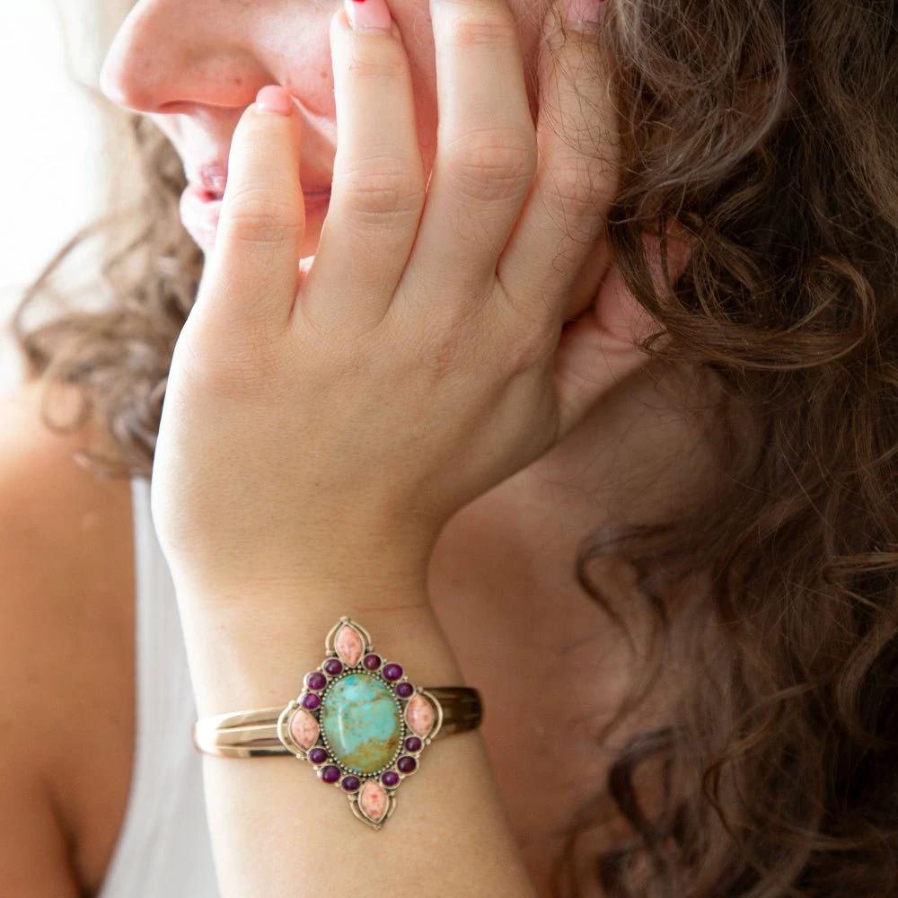 Regalia Blue Turquoise Purple and Orange Coral Golden Cuff Bracelet by Barse Jewelry