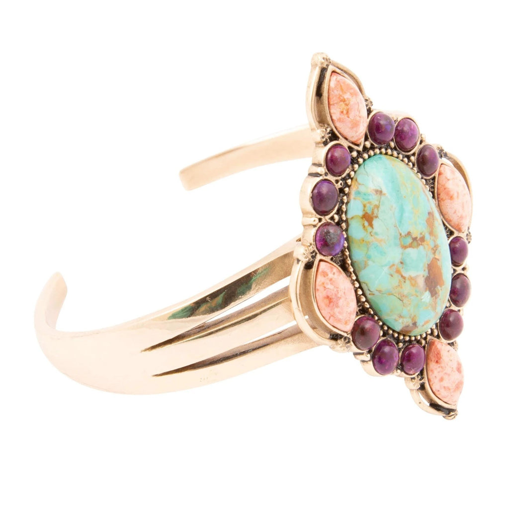 Regalia Blue Turquoise Purple and Orange Coral Golden Cuff Bracelet by Barse Jewelry