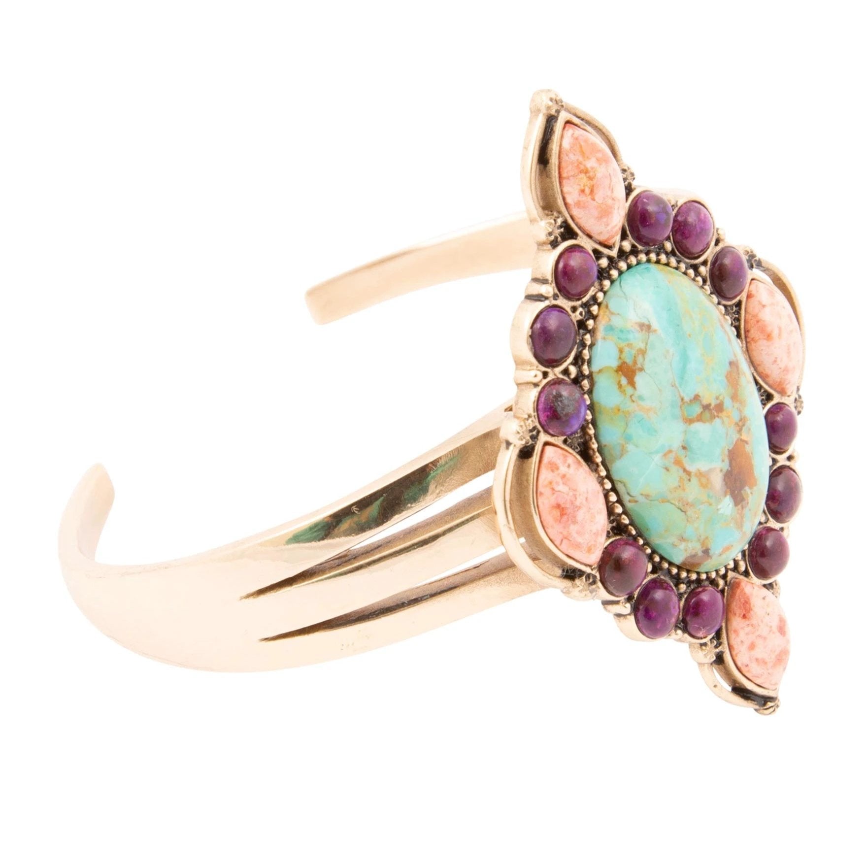 Regalia Blue Turquoise Purple and Orange Coral Golden Cuff Bracelet by Barse Jewelry