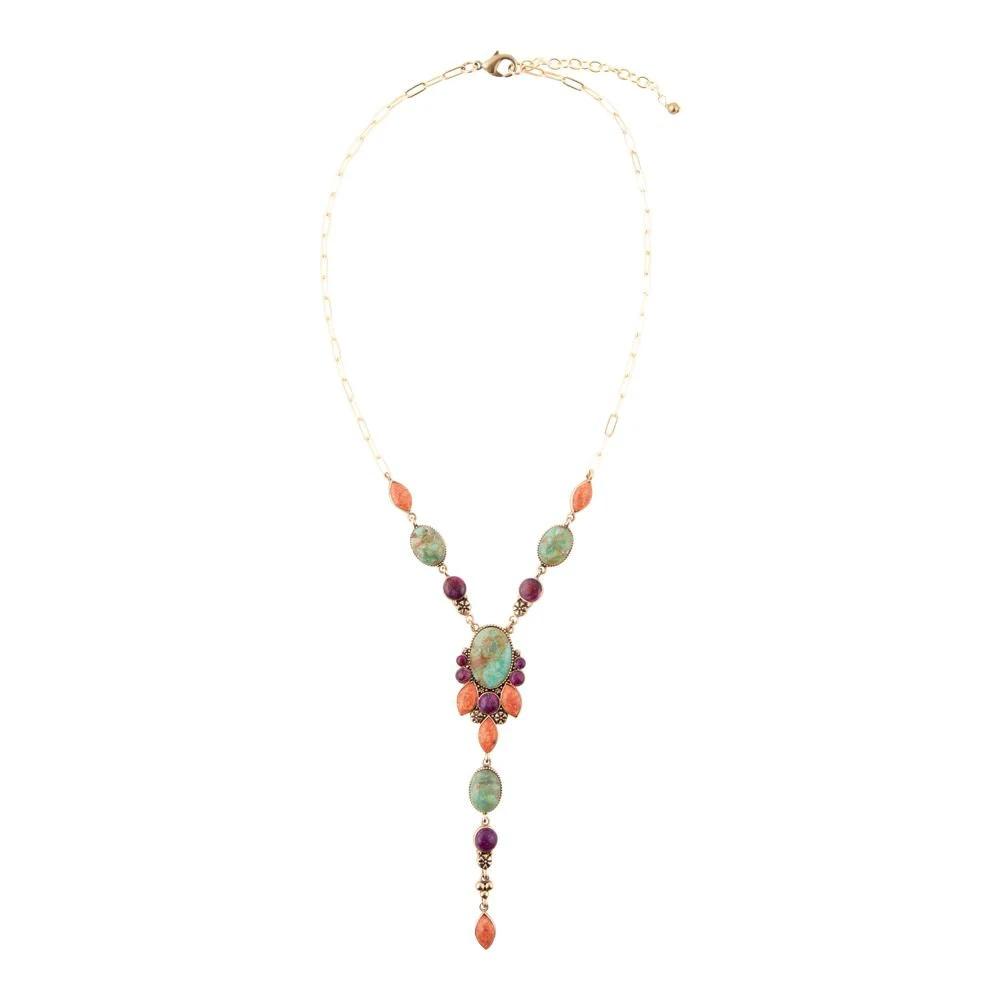 Regalia Blue Turquoise Purple and Orange Coral Golden Y Necklace by Barse Jewelry