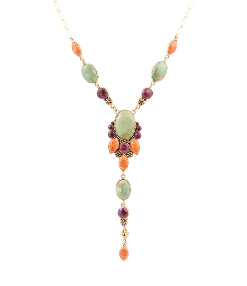Regalia Blue Turquoise Purple and Orange Coral Golden Y Necklace by Barse Jewelry