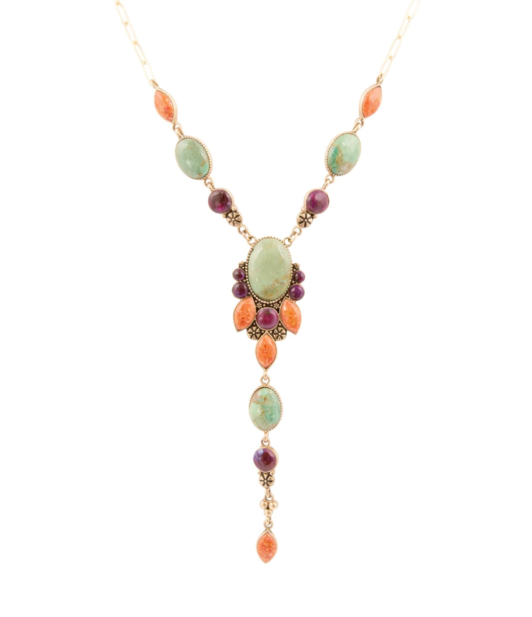 Regalia Blue Turquoise Purple and Orange Coral Golden Y Necklace by Barse Jewelry