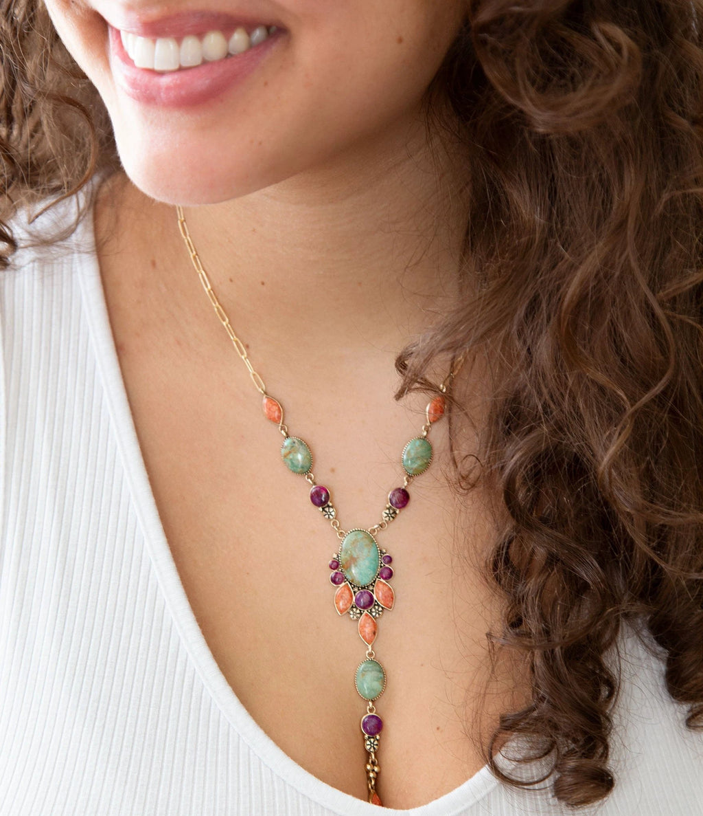 Regalia Blue Turquoise Purple and Orange Coral Golden Y Necklace by Barse Jewelry