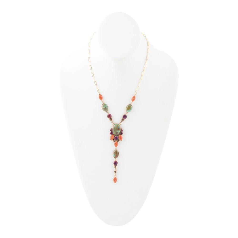 Regalia Blue Turquoise Purple and Orange Coral Golden Y Necklace by Barse Jewelry