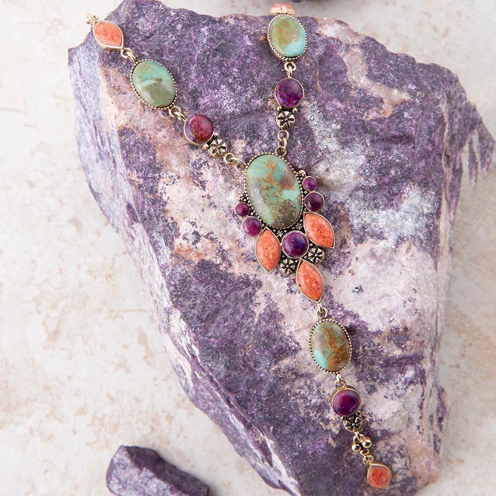 Regalia Blue Turquoise Purple and Orange Coral Golden Y Necklace by Barse Jewelry