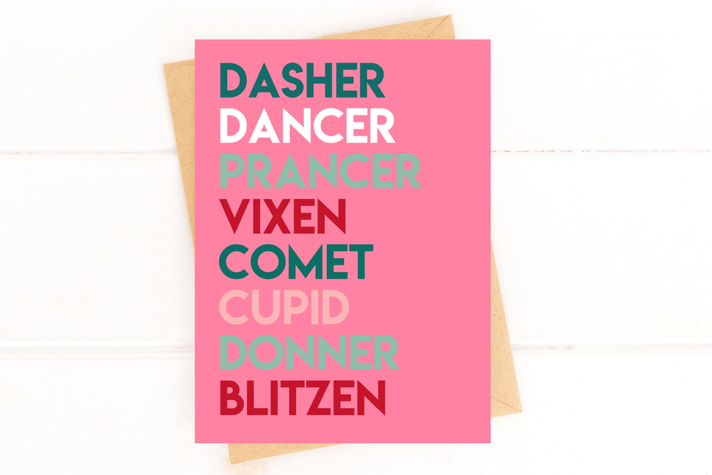 Reindeer Names Pink Modern Christmas Card by Five Dot Post