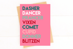 Reindeer Names Pink Modern Christmas Card by Five Dot Post