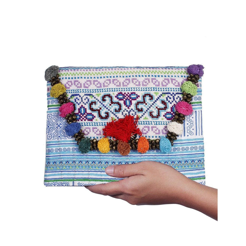 Repurposed Pom Poms and Bells Vintage Hmong Clutch - Thailand Bags La Vie Bien Repurposed Pom Poms and Bells Vintage Hmong Clutch - Thailand