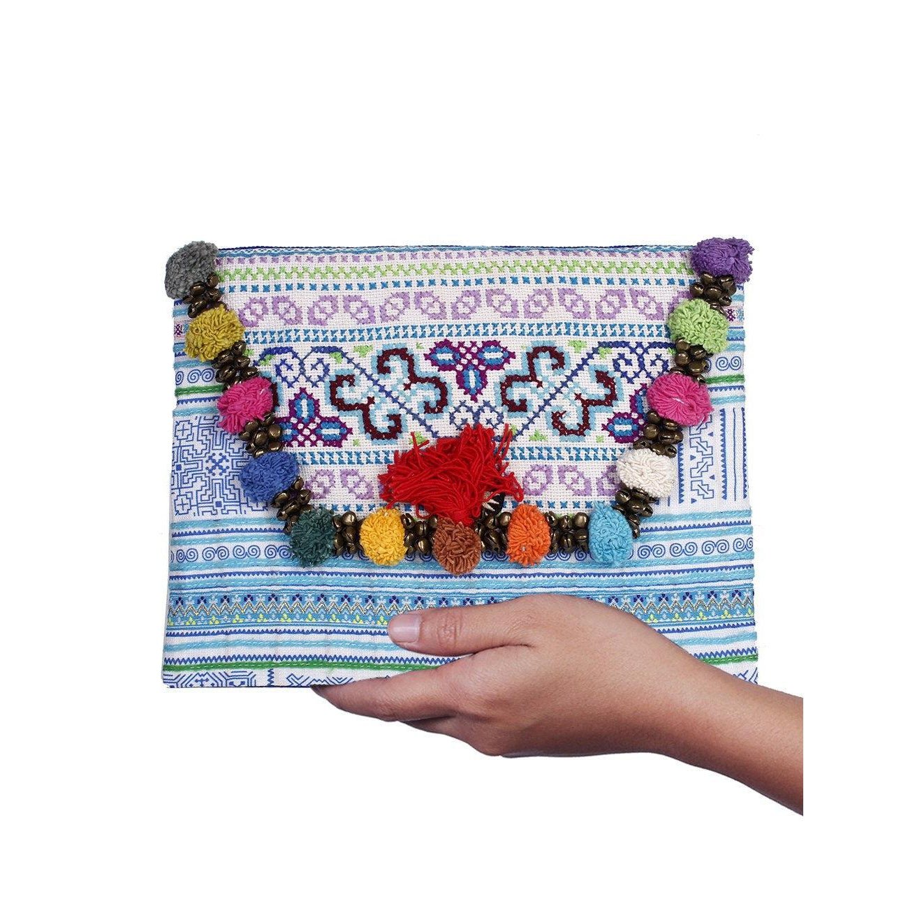 Repurposed Pom Poms and Bells Vintage Hmong Clutch - Thailand Bags La Vie Bien Repurposed Pom Poms and Bells Vintage Hmong Clutch - Thailand
