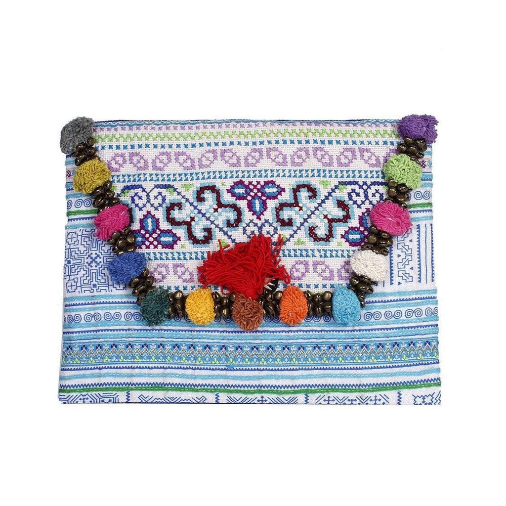 Repurposed Pom Poms and Bells Vintage Hmong Clutch - Thailand Bags La Vie Bien Repurposed Pom Poms and Bells Vintage Hmong Clutch - Thailand