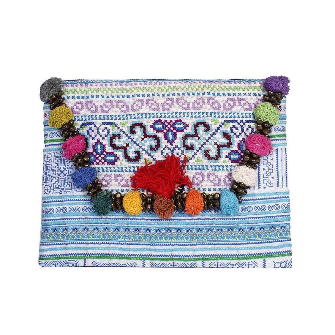 Repurposed Pom Poms and Bells Vintage Hmong Clutch - Thailand Bags La Vie Bien Repurposed Pom Poms and Bells Vintage Hmong Clutch - Thailand