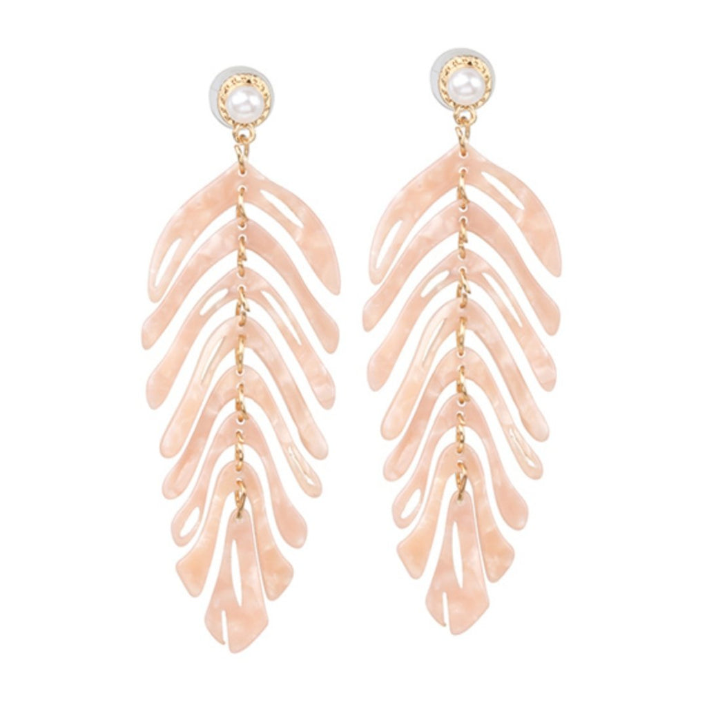 Resin Leaf Tropical Drop Earrings with Pearl Accent